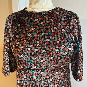 Zara Woman Velvet Floral Flutter Sleeve Lined Zip Black Brown Teal Mini Dress XS